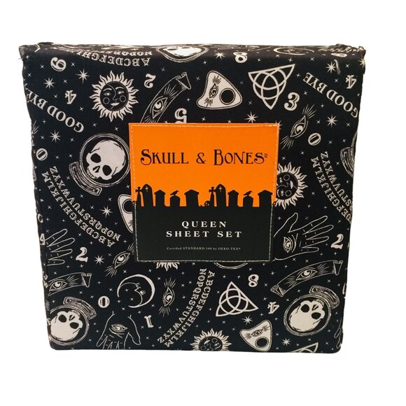 Skull & Bones OUIJA BOARD Palms Skulls Black White Queen Size Set - Picture 3 of 4